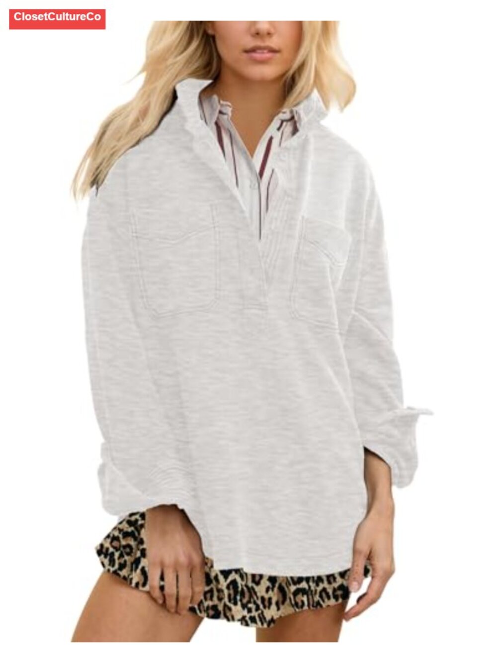 Oversized Polo Neck Sweatshirt Pullover Top Cotton Slouchy